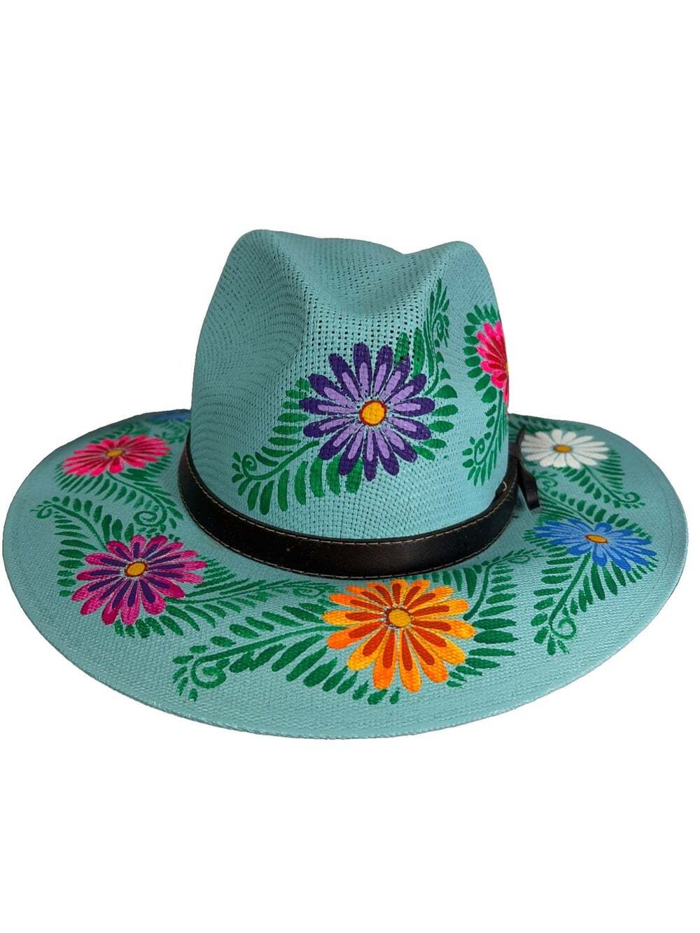 Hand Painted Mexican Straw Floral Fedora Hat Size M Fun In The Sun